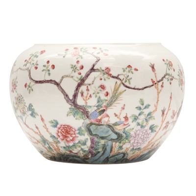 Lot 412 - A Chinese famille-rose 'birds and blossoms' alms bowl, Republic period, Qianlong mark