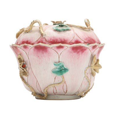 Lot 177 - A Chinese famille-rose lotus-form bowl and cover, Qing dynasty, 18th century