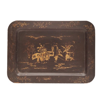 Lot 579 - A Chinese export black lacquered 'figurative landscape' tray, 19th century