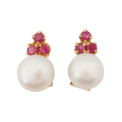 Lot 44 - A pair of pearl and ruby stud earrings