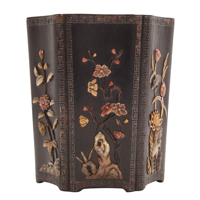 Lot 206 - A Chinese hardstone-inlaid hardwood brush pot, bitong, Qing dynasty, 19th century