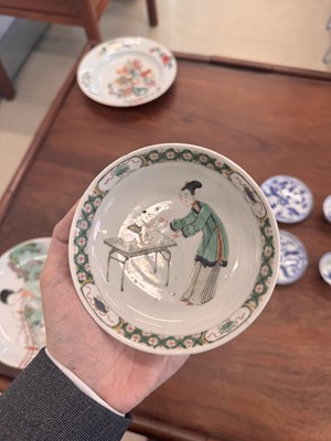 Lot 22 - A fine pair of Chinese famille-verte ‘Lady and boy’ dishes, Qing dynasty, Kangxi period