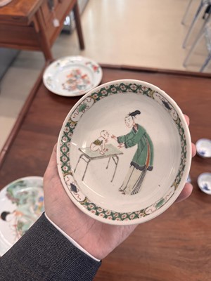Lot 22 - A fine pair of Chinese famille-verte ‘Lady and boy’ dishes, Qing dynasty, Kangxi period