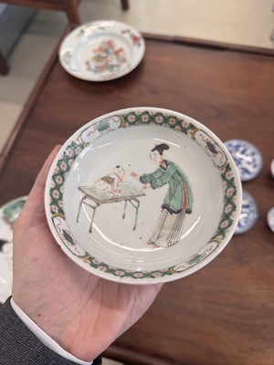 Lot 22 - A fine pair of Chinese famille-verte ‘Lady and boy’ dishes, Qing dynasty, Kangxi period