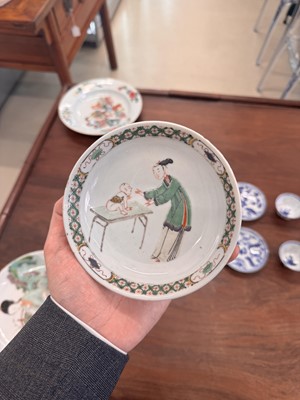 Lot 22 - A fine pair of Chinese famille-verte ‘Lady and boy’ dishes, Qing dynasty, Kangxi period