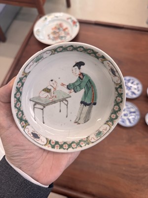 Lot 22 - A fine pair of Chinese famille-verte ‘Lady and boy’ dishes, Qing dynasty, Kangxi period