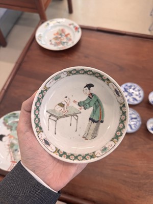 Lot 22 - A fine pair of Chinese famille-verte ‘Lady and boy’ dishes, Qing dynasty, Kangxi period
