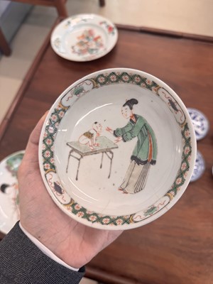 Lot 22 - A fine pair of Chinese famille-verte ‘Lady and boy’ dishes, Qing dynasty, Kangxi period