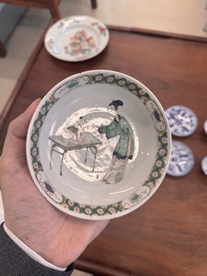 Lot 22 - A fine pair of Chinese famille-verte ‘Lady and boy’ dishes, Qing dynasty, Kangxi period