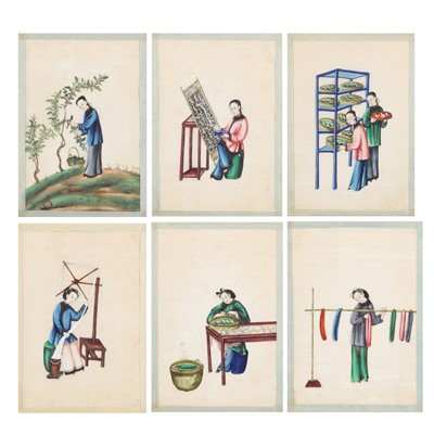 Lot 710 - Six Chinese 'silk production' pith paper paintings, Chinese School, 19th century