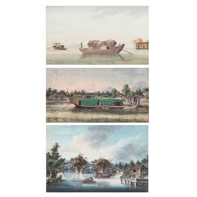 Lot 714 - Three Chinese 'Junks' pith paper paintings, Chinese School, 19th century