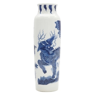 Lot 372 - A Chinese Transitional-style blue and white 'qilin' sleeve vase, 20th century