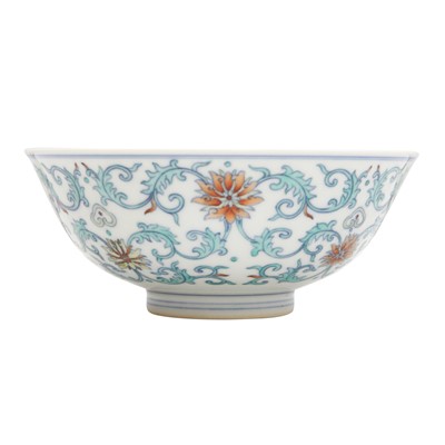 Lot 734 - A Chinese doucai 'lotus scroll' bowl, Qianlong mark but later