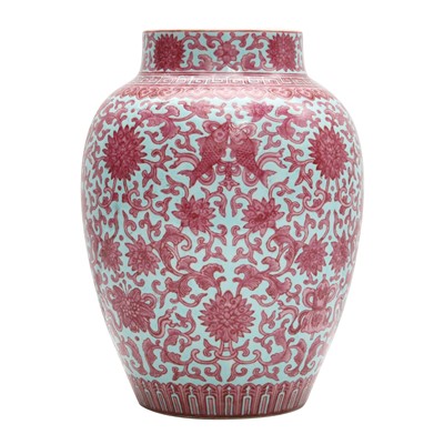 Lot 437 - A Chinese puce-enamelled turquoise-ground 'bajixiang' jar, Qing dynasty, Jiaqing mark