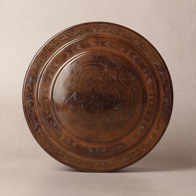 Lot 190 - A rare Chinese incised brown lacquer 'mythical beasts' box and cover, Western Han dynasty