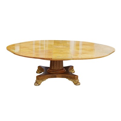 Lot 216 - A Regency style 'Jupe' action extending circular burr walnut and marquetry inlaid dining table