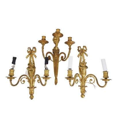 Lot 292 - A suite of gilt metal wall appliques in the Louis XVI style, 20th century