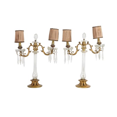 Lot 96 - A pair of ormulu and glass twin branch table lamps