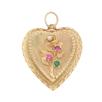 Lot 281 - A pearl, ruby, and emerald heart pendant