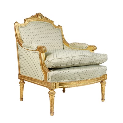Lot 45 - A French Louis XVI style giltwood bergère