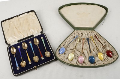 Lot 335 - Two sets of antique silver and enamel tea /...