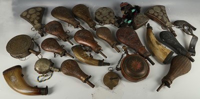 Lot 217 - Musket powder flasks, USA copper and brass...