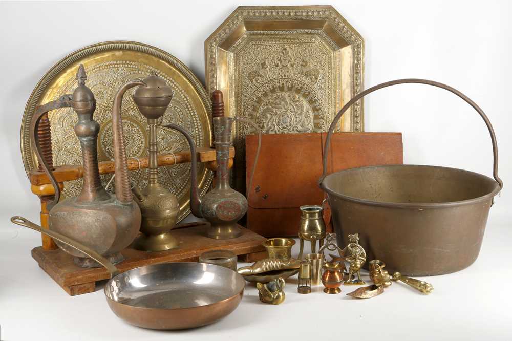 Lot 528 - A copper jam pan, brass trays and other...