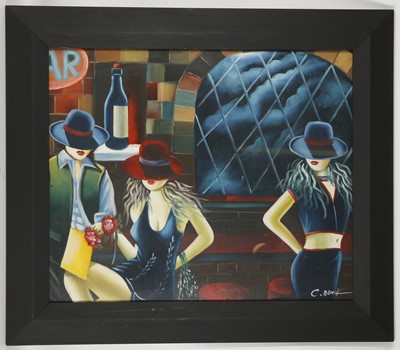 Lot 582A - An oil painting scene, provocative ladies in...