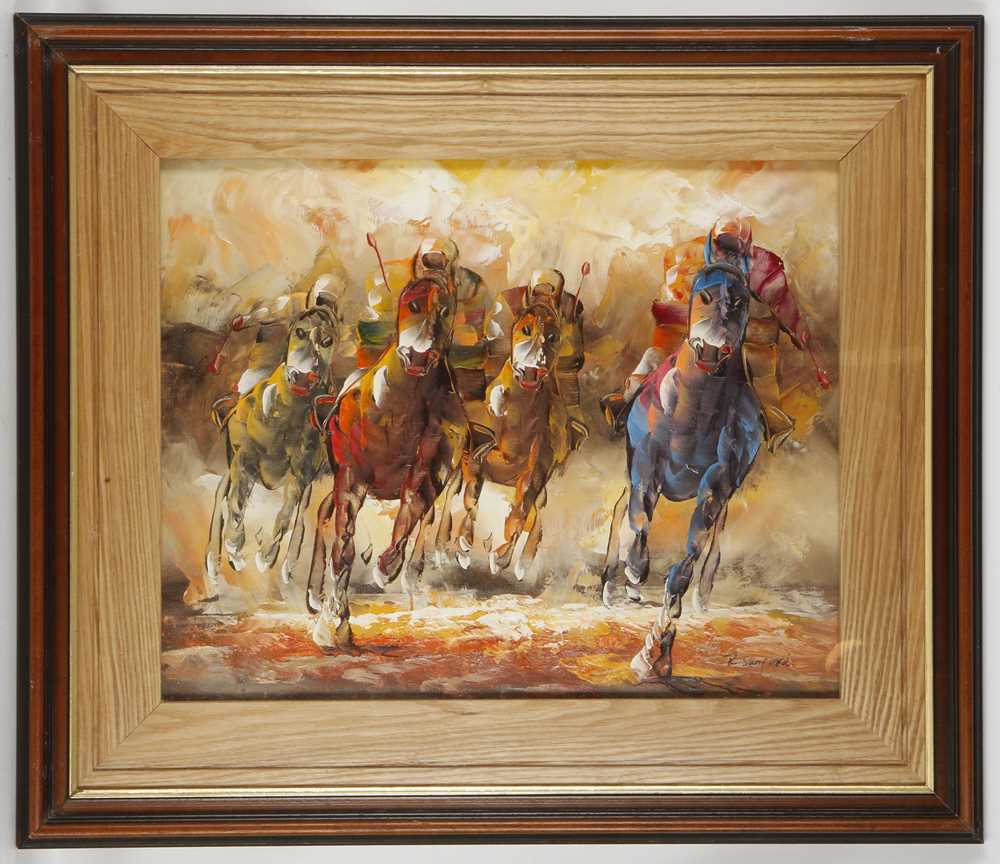 Lot 562 - An oil painting, equine study of horse race...