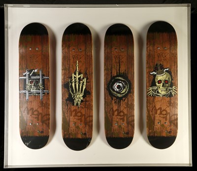 Lot 596 - D FACE, THREE SKATEBOARD DECKS, decorated with...