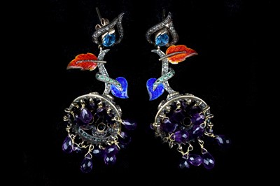 Lot 172 - A pair of silver / gold and multi-gem set...
