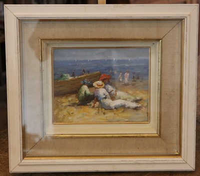 Lot 292 - Oil on panel depicting a beach scene with...