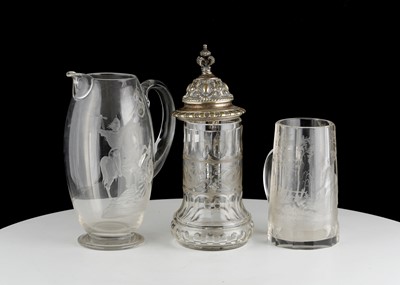 Lot 252 - TWO ENGRAVED GLASS TANKARDS AND A JUG, late...