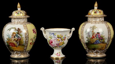 Lot 259 - A PAIR OF DRESDEN COVERED VASES AND A COALPORT...