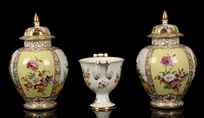 Lot 259 - A PAIR OF DRESDEN COVERED VASES AND A COALPORT...