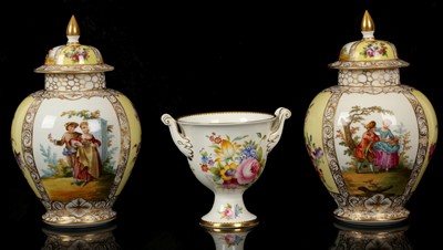 Lot 259 - A PAIR OF DRESDEN COVERED VASES AND A COALPORT...
