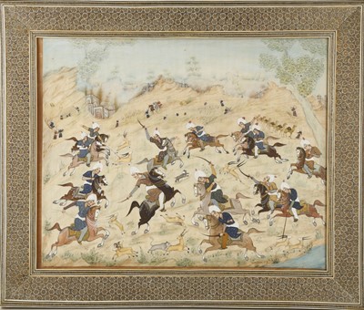 Lot 752 - Indo Persian hunting scene painting, horsemen,...