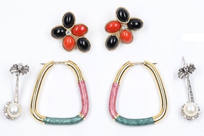 Lot 425A - A pair of gold, coral, onyx and diamond set...