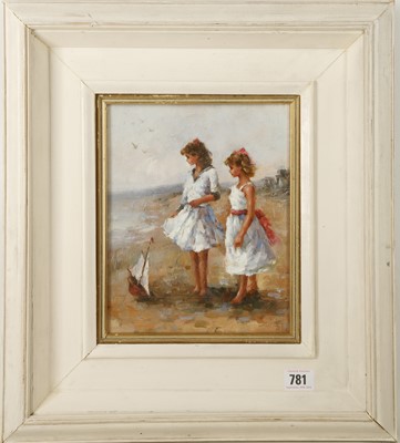 Lot 781 - A studio framed oil on panel portrait, girls...