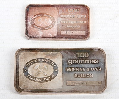 Lot 320 - A 100g fine silver ingot, together with a one...