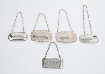 Lot 845 - Five Sterling Silver wine decanter labels by...