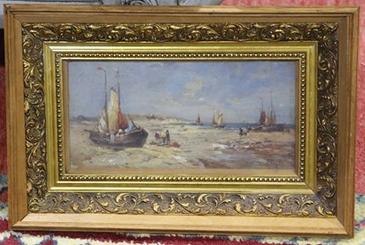 Lot 112 - An oil painted coastal landscape with fishing...