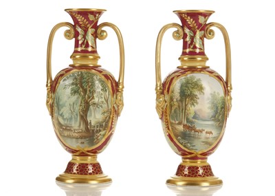 Lot 330 - A PAIR OF ENGLISH TWIN-HANDLED PORCELAIN VASES...