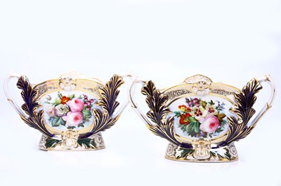 Lot 333 - A PAIR OF TWIN-HANDLED PORCELAIN MANTLE FLOWER...