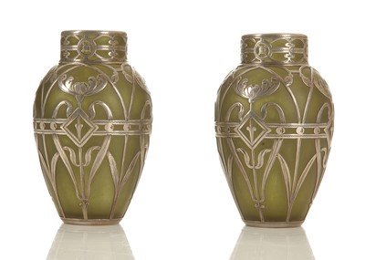 Lot 368 - A PAIR OF ART NOUVEAU SILVER OVERLAY GLASS...