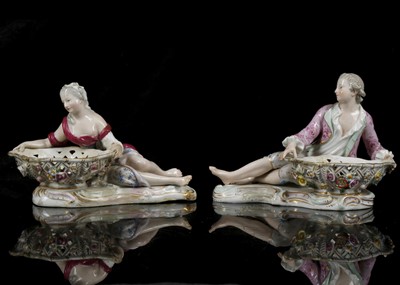 Lot 410 - A PAIR OF MEISSEN PORCELAIN FIGURAL SWEETMEAT...