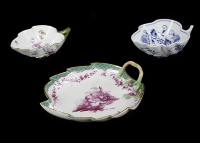 Lot 394 - THREE MEISSEN PORCELAIN LEAF-SHAPED DISHES,...