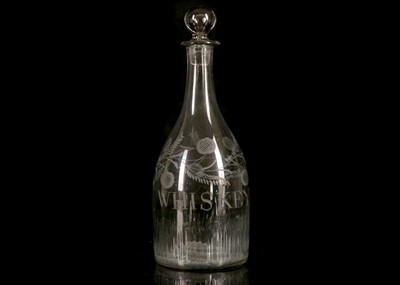 Lot 166 - A SMALL IRISH ENGRAVED GLASS WHISKEY DECANTER...