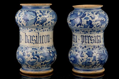 Lot 103 - A PAIR OF ITALIAN MAIOLICA BLUE AND WHITE DRUG...