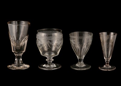 Lot 185 - AN ENGRAVED DWARF ALE GLASS AND THREE RUMMERS,...